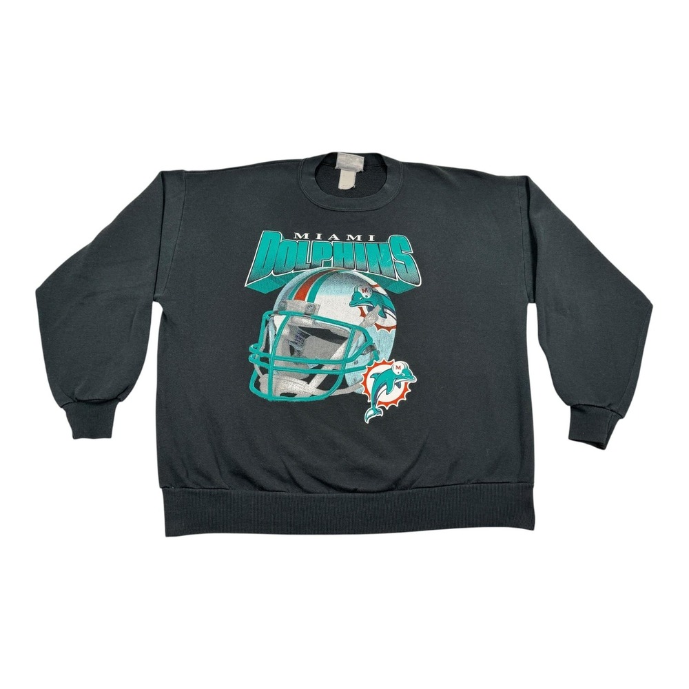 Vtg Miami Dolphins Sweatshirt XL Black NFL Football Chalk Line 90s Big Helmet